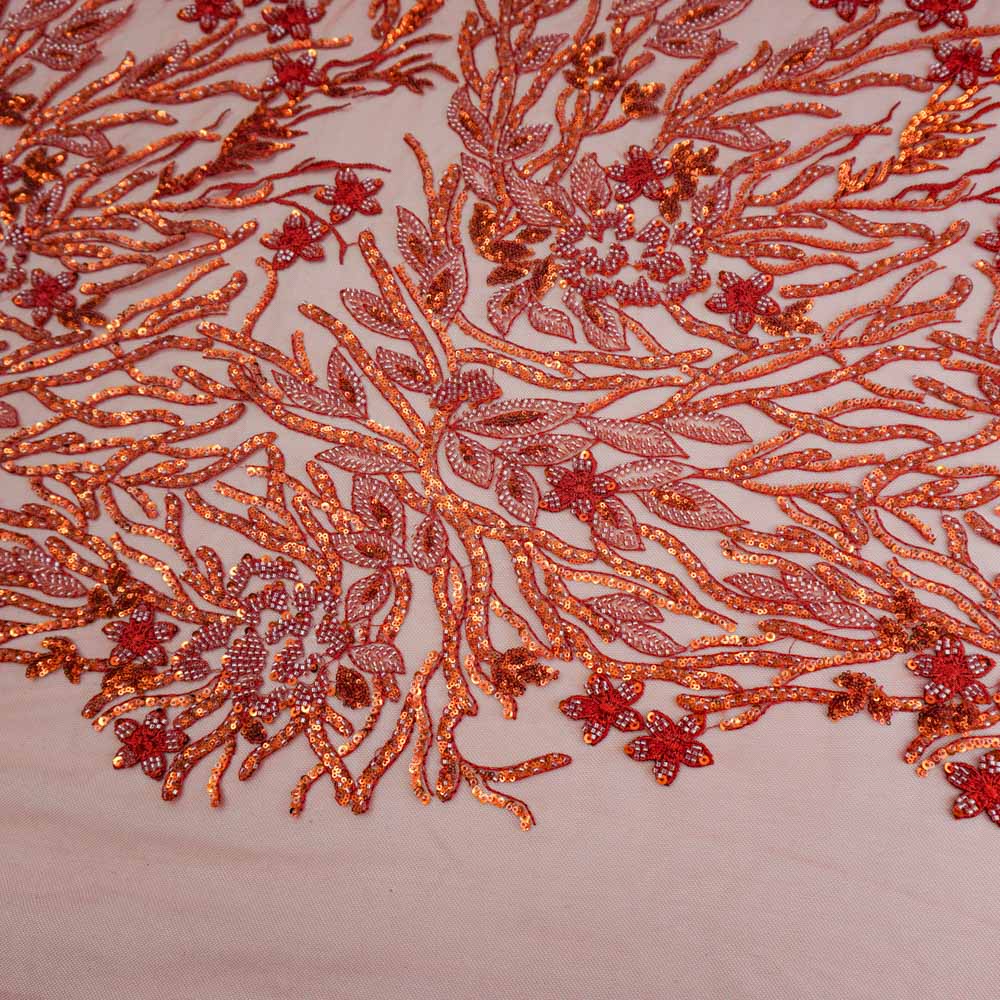 Tecido renda tule terracota bordado floral pedraria und média 34cmx132cm