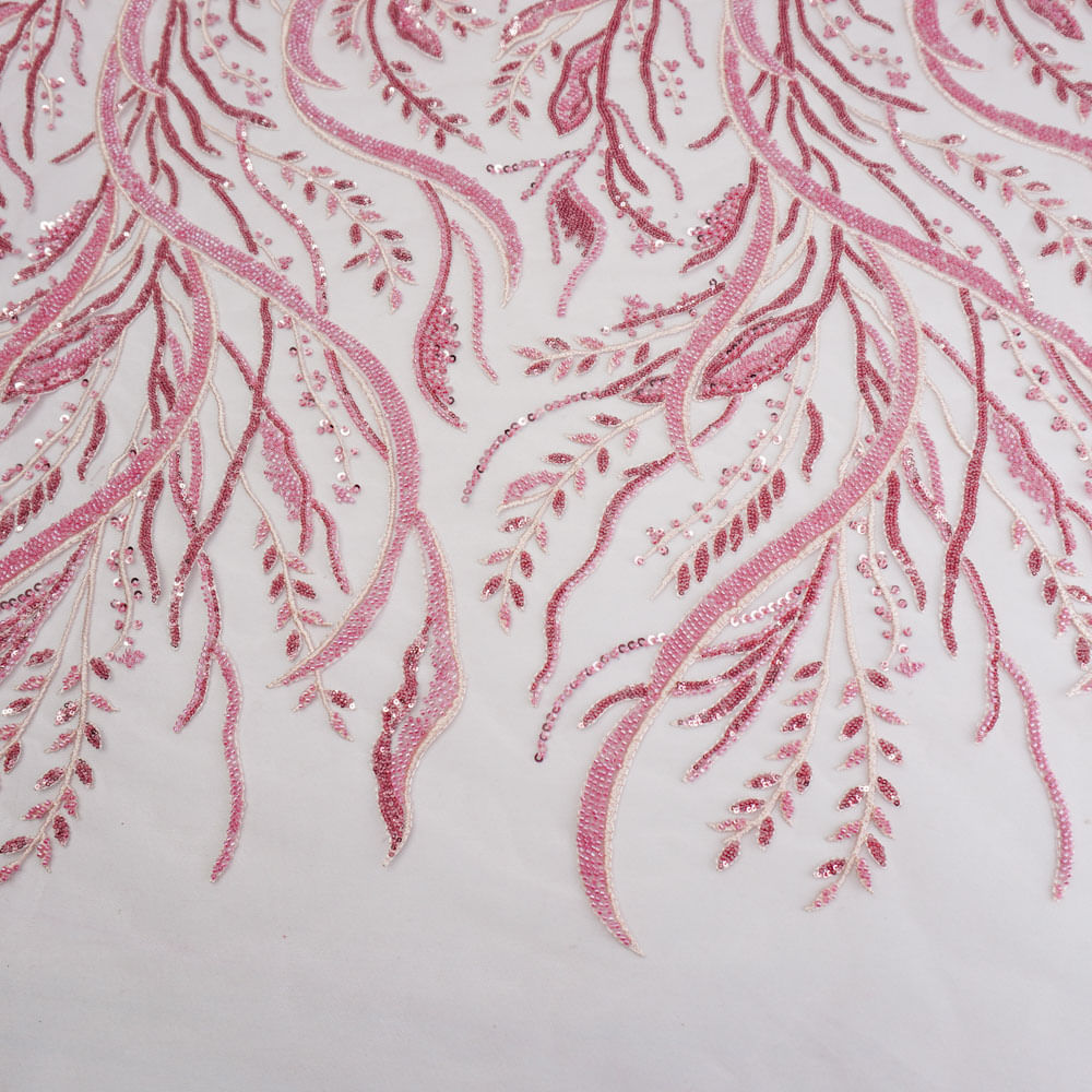 Tecido renda tule bordado ramos em pedraria rosê und média 35cmx132cm