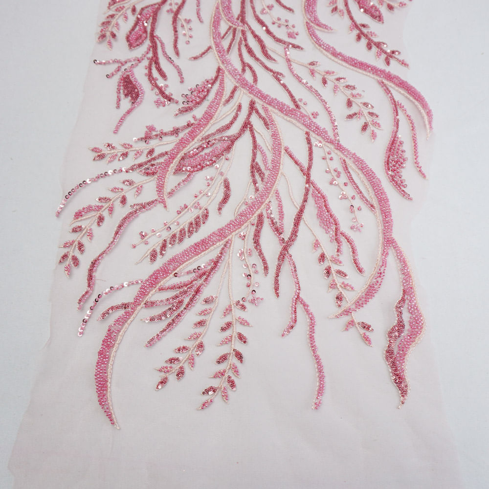 Tecido renda tule bordado ramos em pedraria rosê und média 35cmx132cm