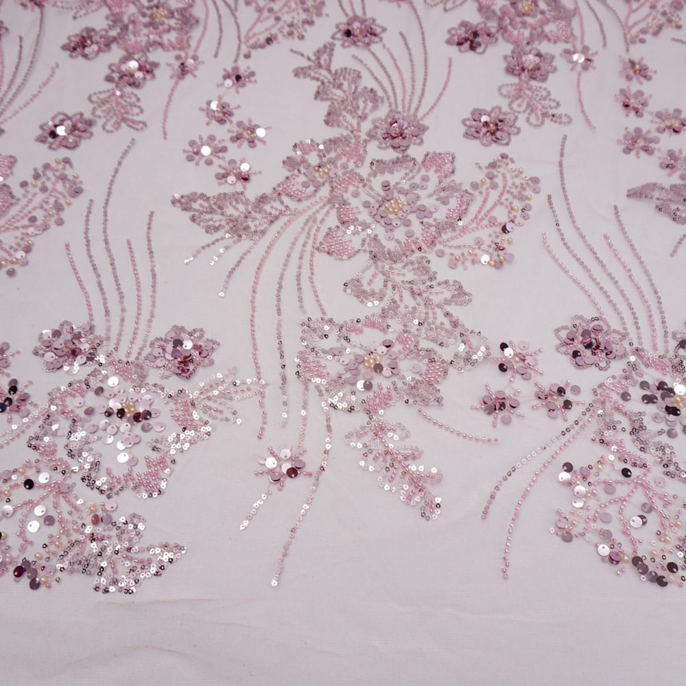 Tecido renda tule bordado pedraria floral rosê