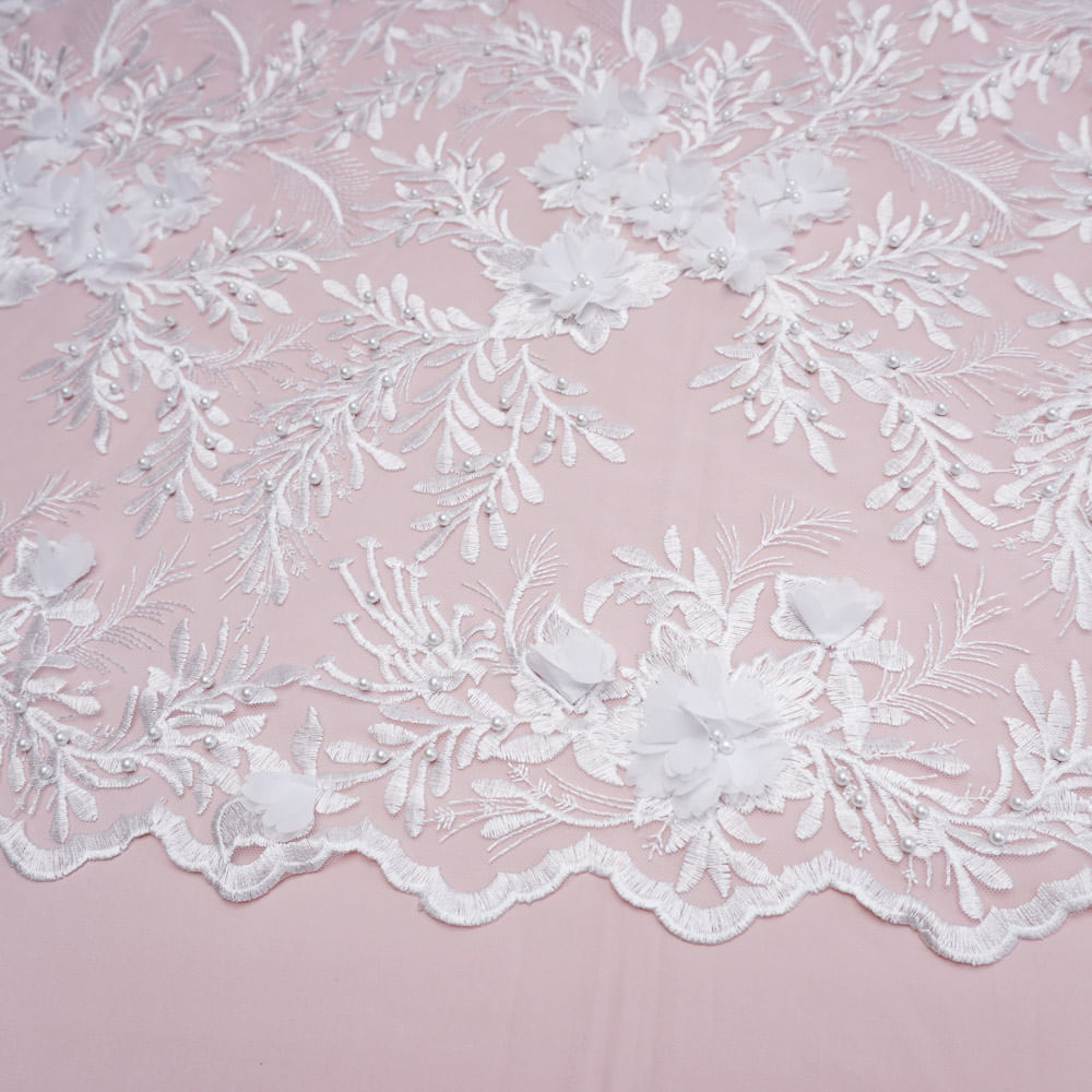 Tecido renda tule bordado branco com pérola floral 3D