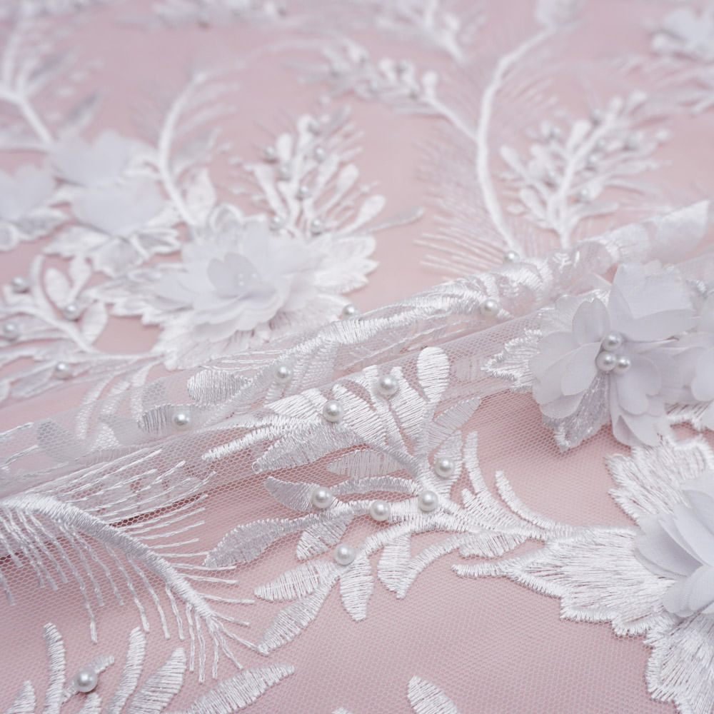Tecido renda tule bordado branco com pérola floral 3D