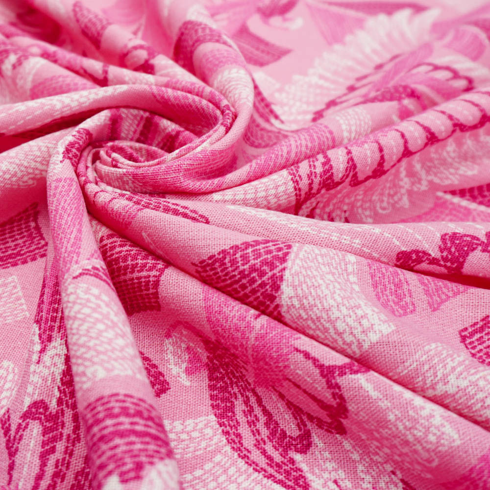 Tecido linho misto rosa estampado passaros/folhagens