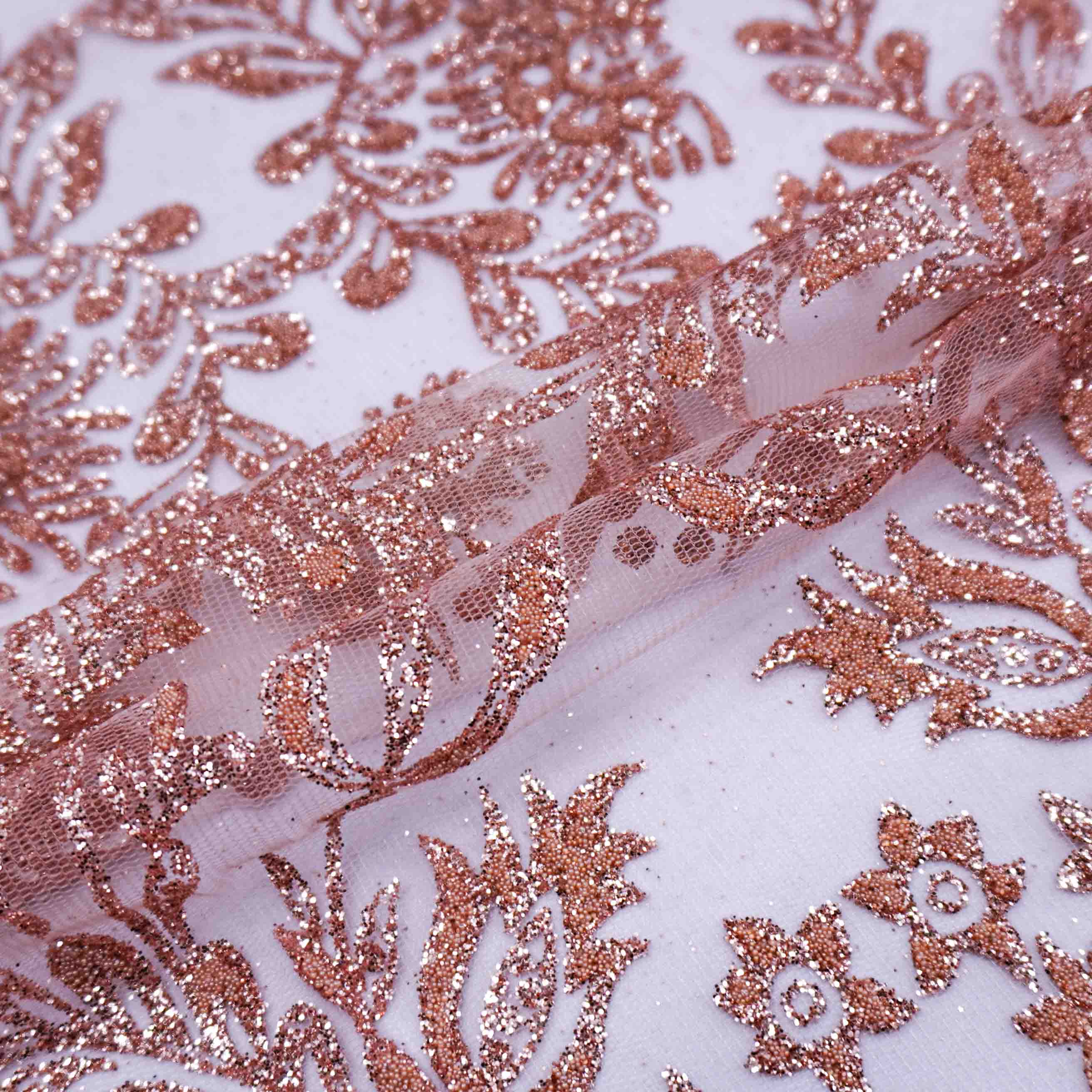 Tecido renda tule com glitter floral rosê