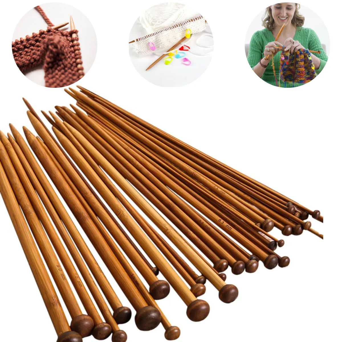 Conjunto 18 Agulhas De Bambu Para Tricô 2,0 Mm A 10,0 Mm