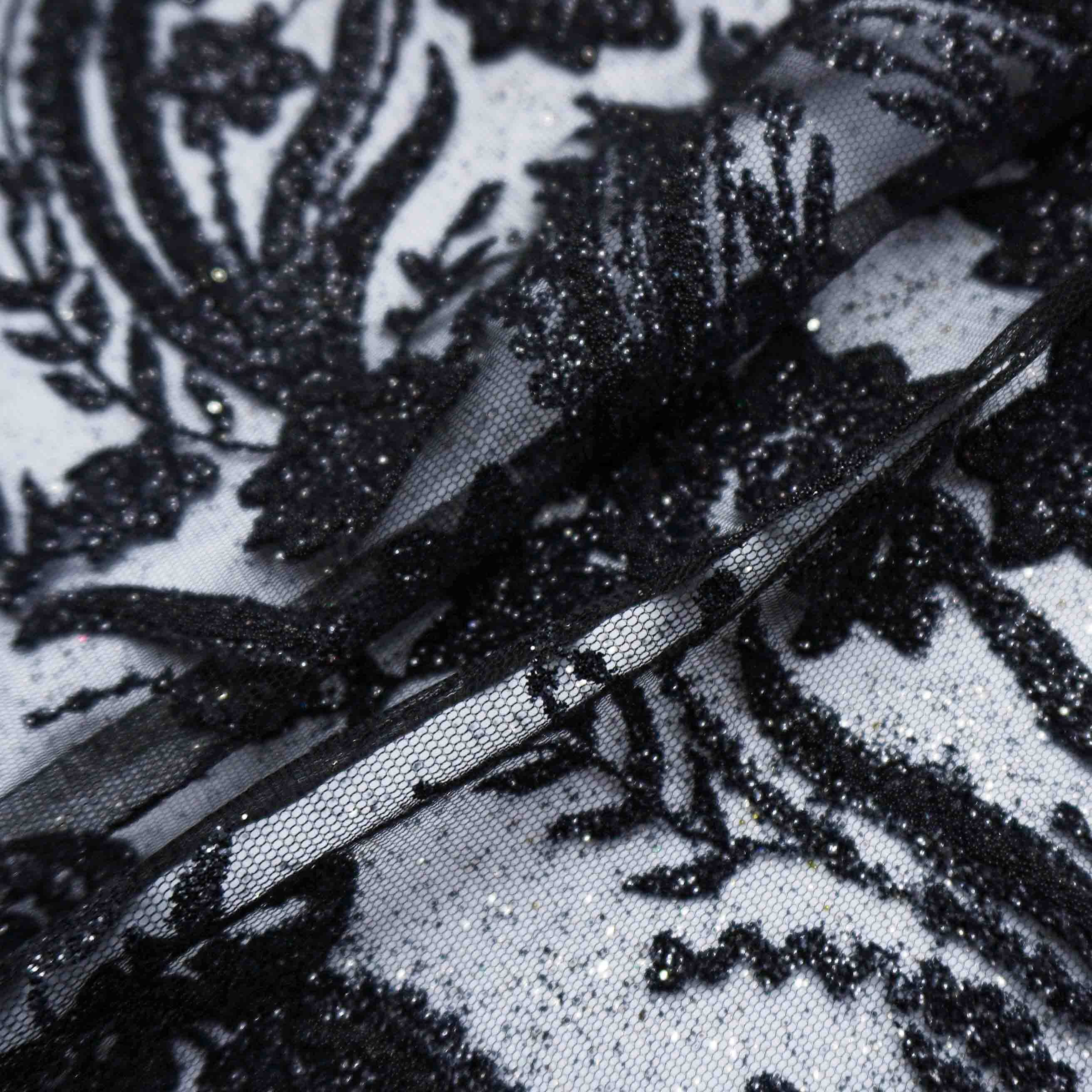 Tecido renda tule com glitter floral preto