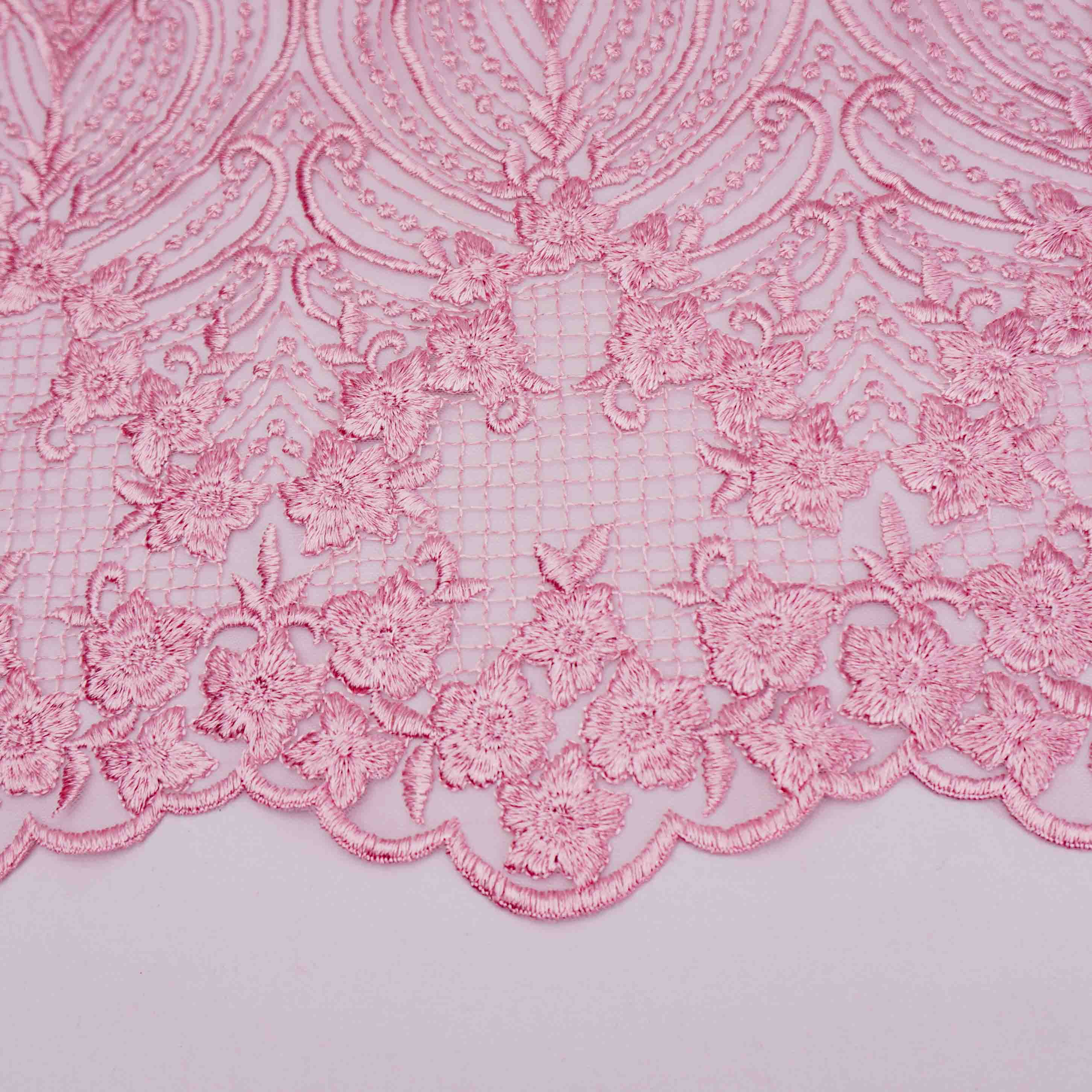 Tecido renda tule bordado floral rosê