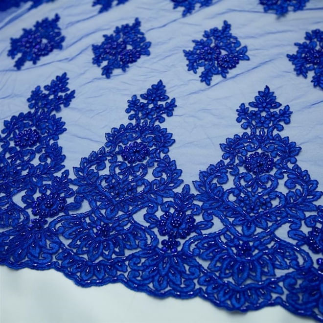 Tecido renda bordada pedraria azul royal und 80cm x 127cm