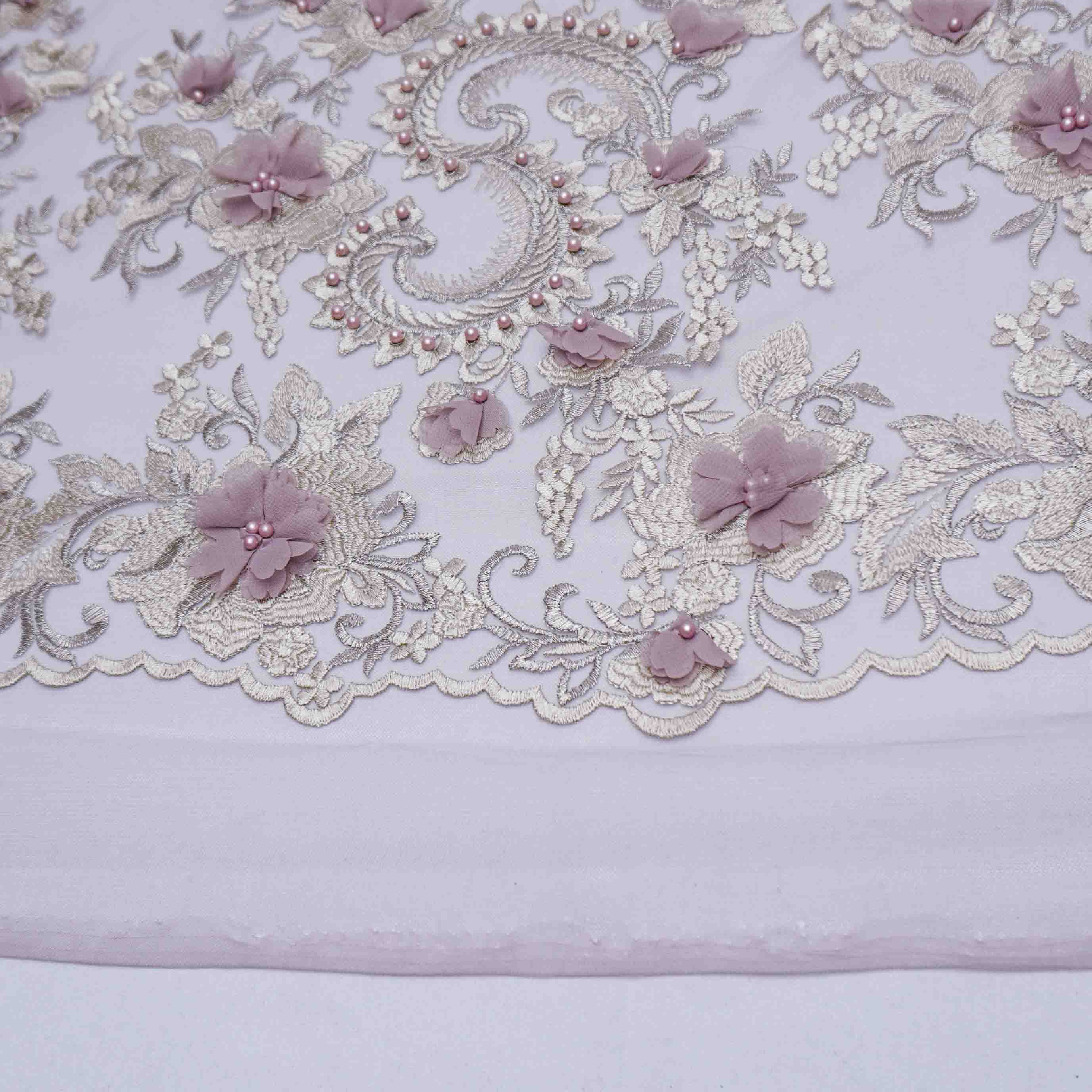 Tecido renda tule bordado lilás barrado flores 3d