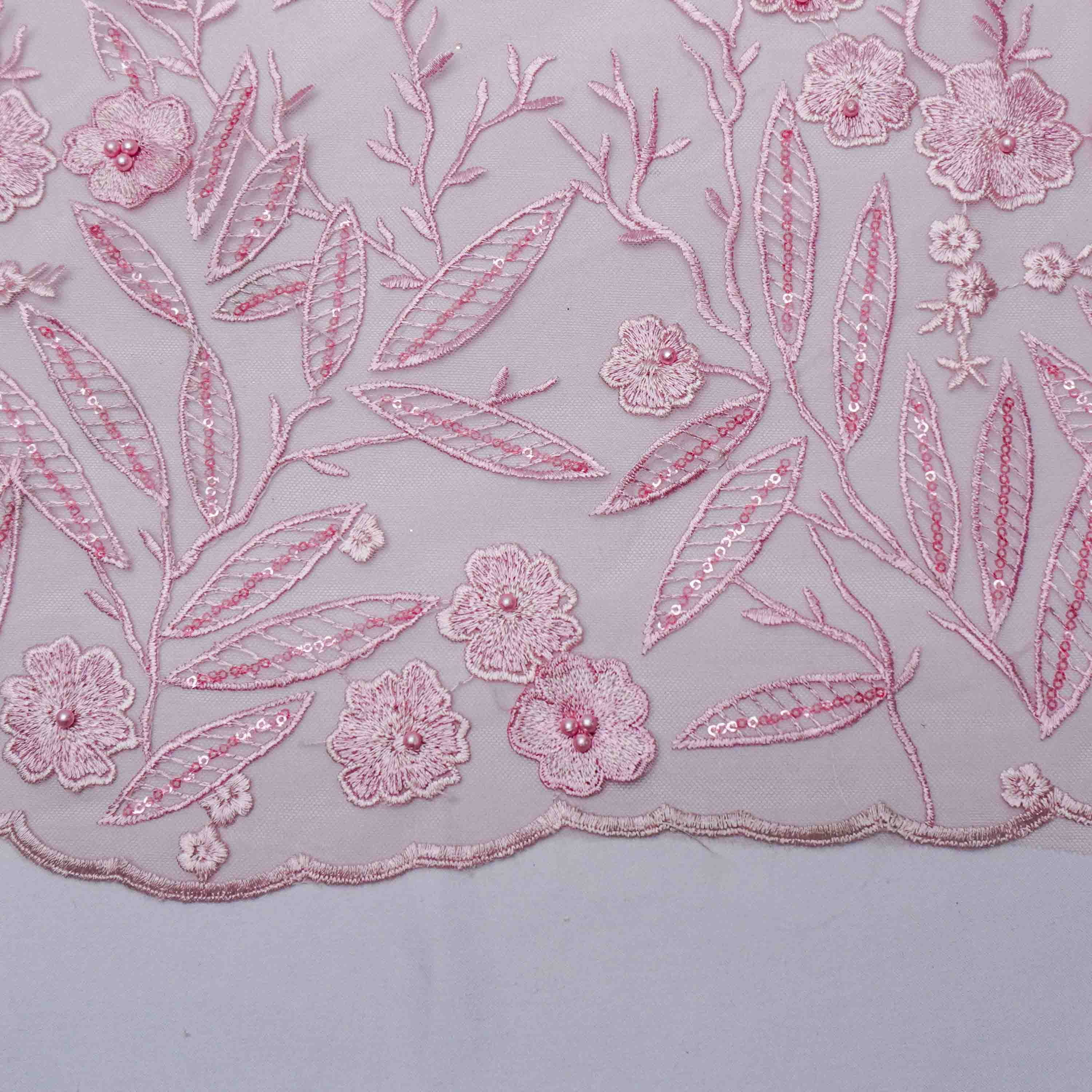 Tecido renda tule bordado pérolas flor 3d rosa bebê