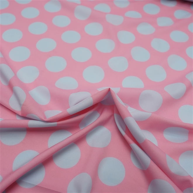 Tecido seda pluma rosa estampado poá azul bebeê und 55cm x 148cm