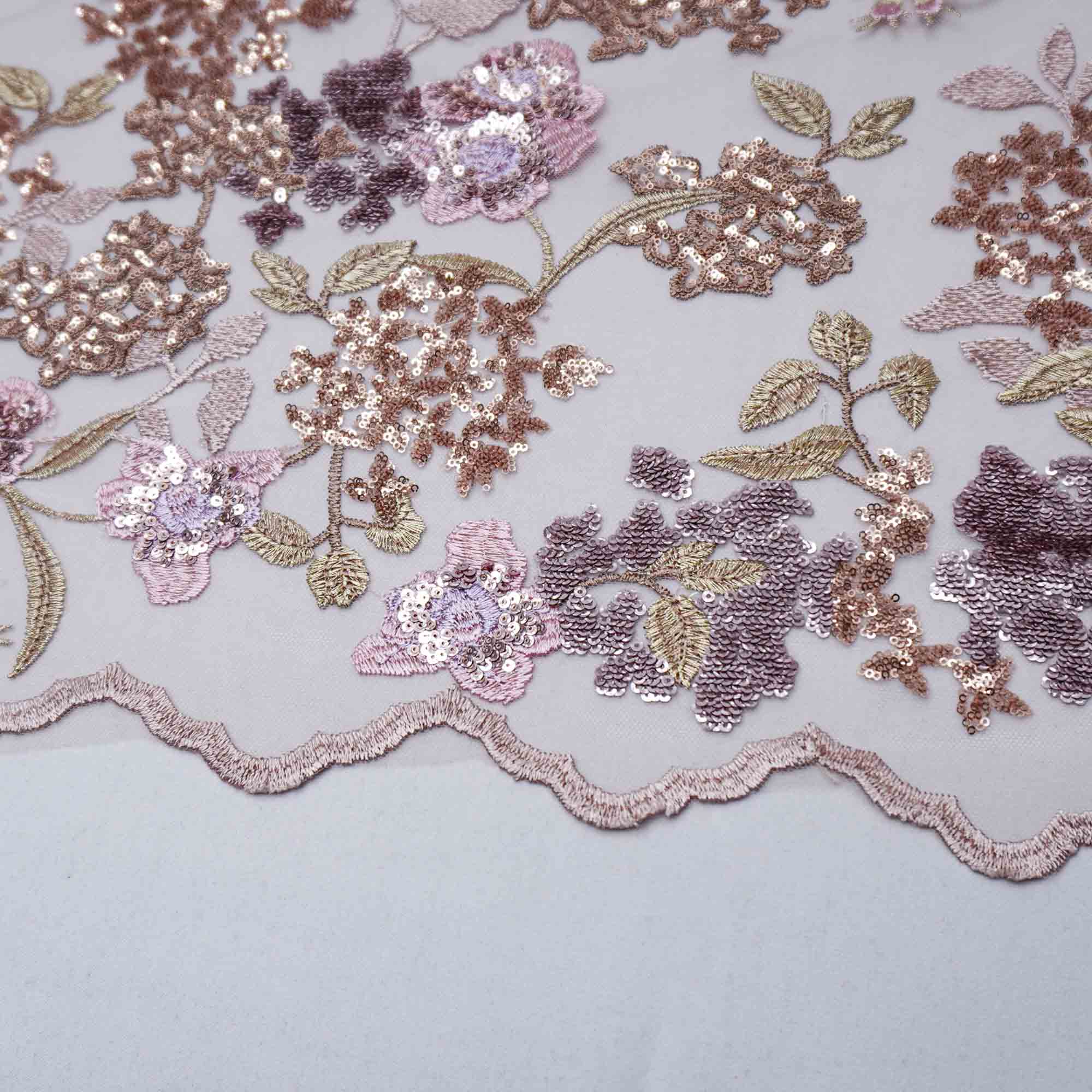 Tecido renda tule bordado floral paetê rosê
