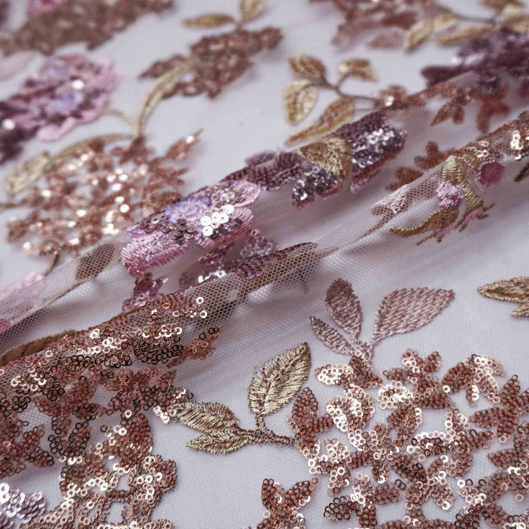 Tecido renda tule bordado floral paetê rosê