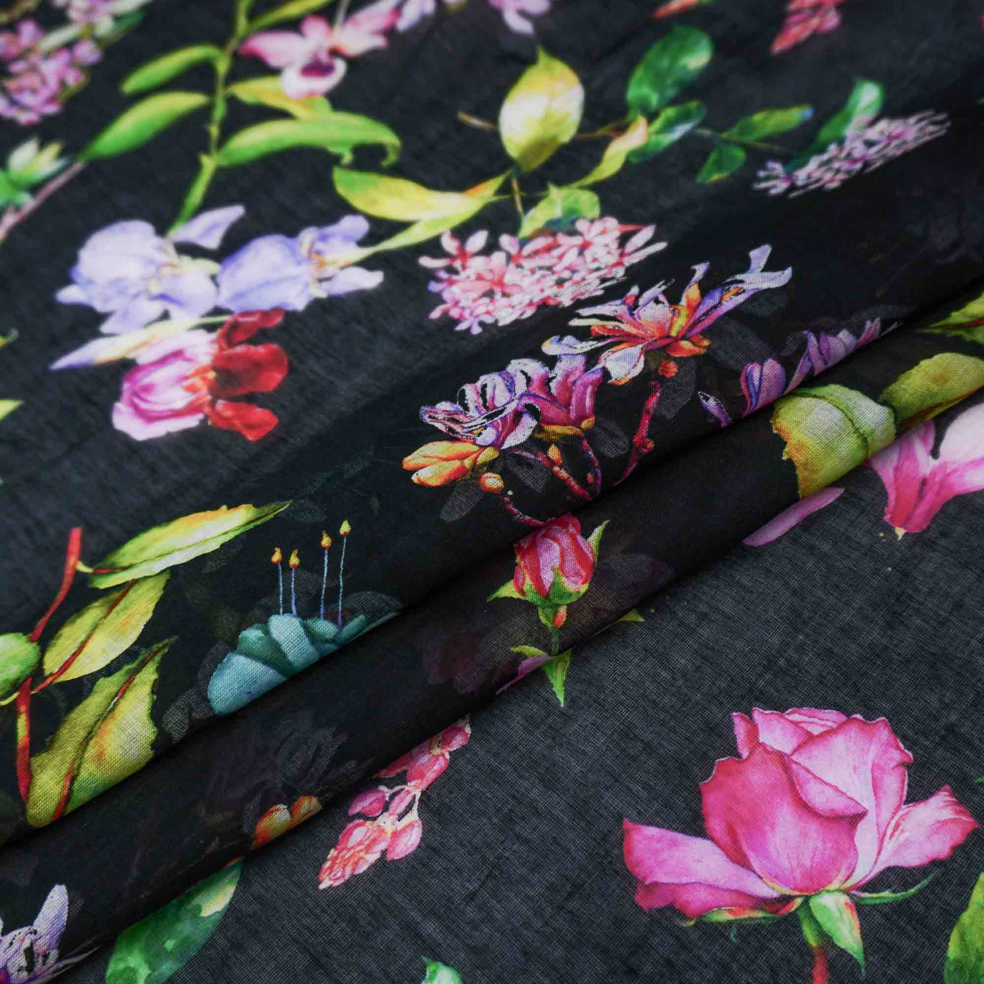 Tecido cambraia algodão puro preto estampado floral (tecido italiano legítimo)