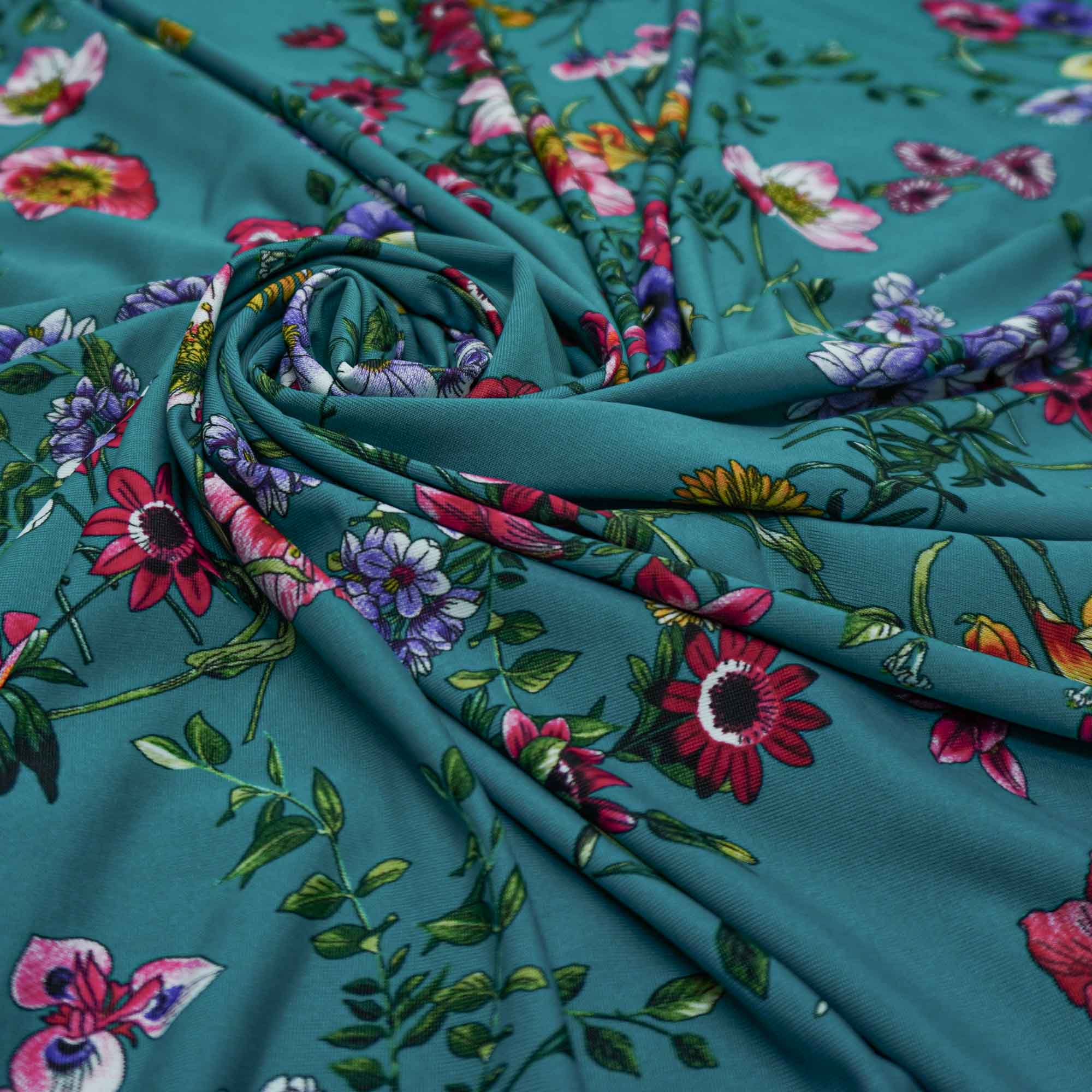 Tecido malha liganete verde turquesa estampado floral (tecido italiano legítimo)