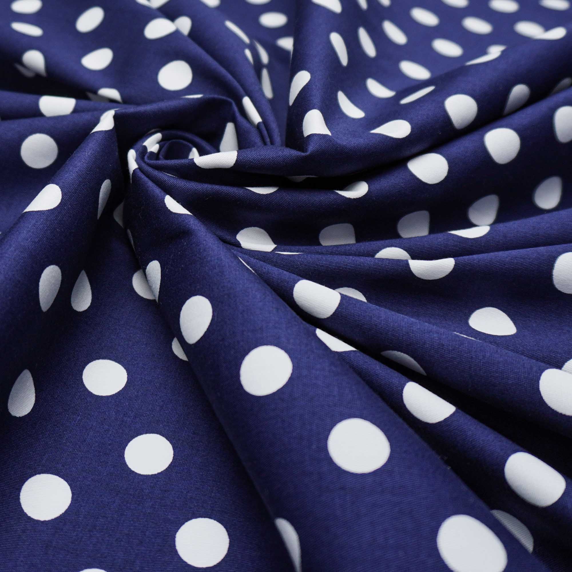 Tecido tricoline com elastano azul marinho/ poa branco (tecido italiano legítimo)