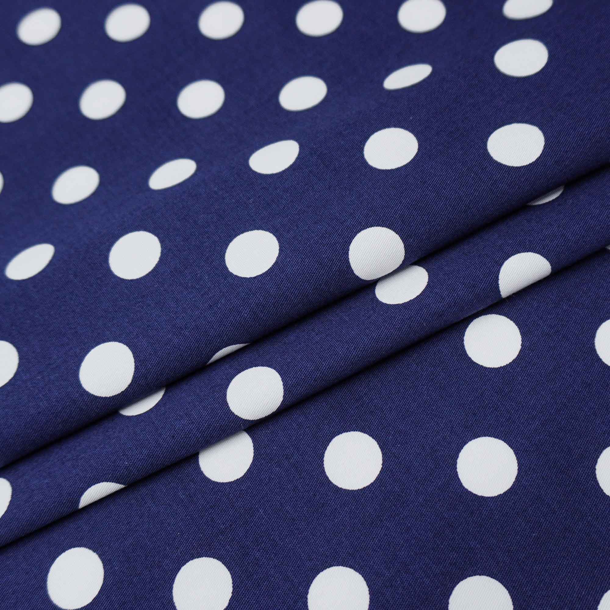Tecido tricoline com elastano azul marinho/ poa branco (tecido italiano legítimo)