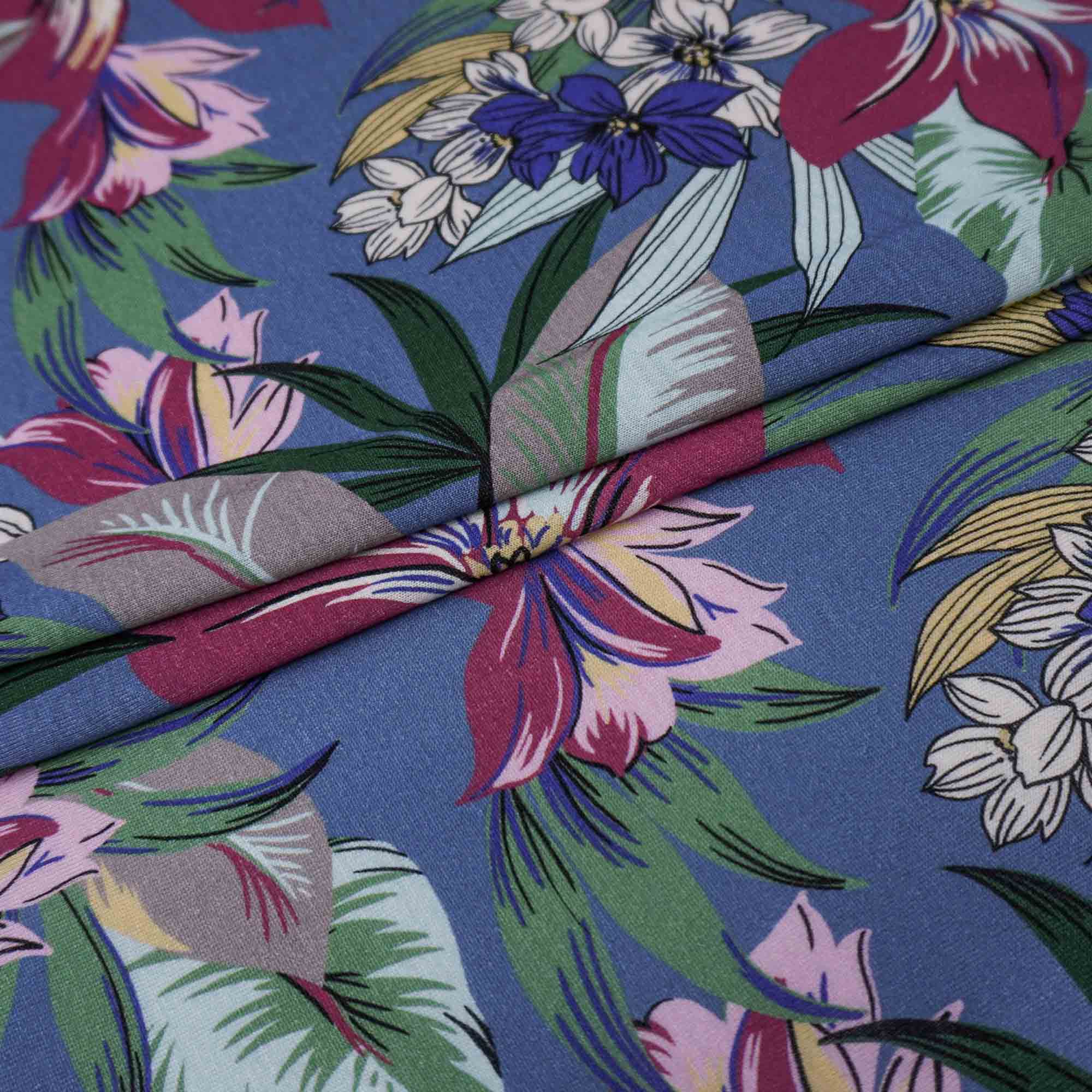 Tecido viscolycra azul jeans estampado floral (tecido italiano legítimo)
