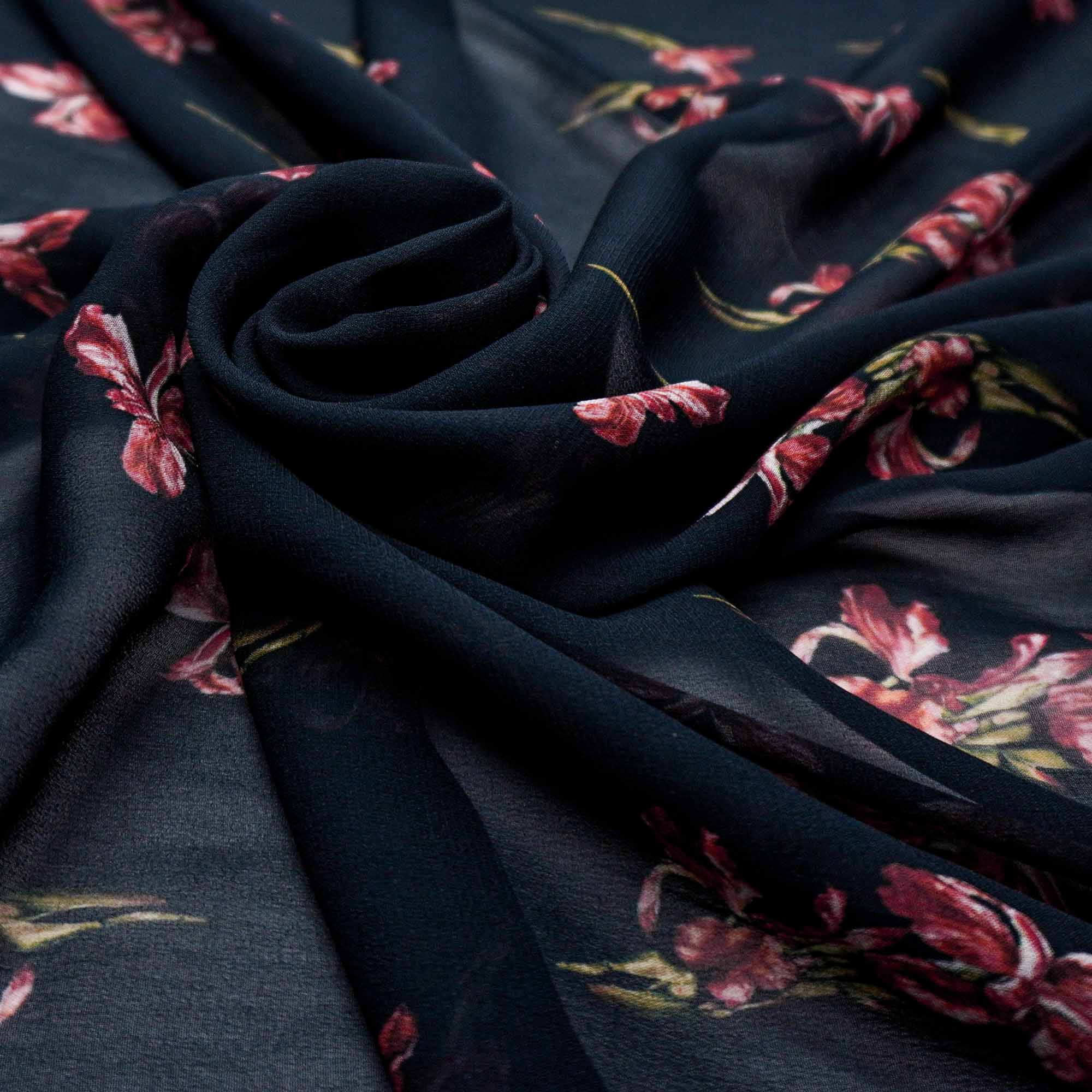 Tecido musseline de viscose preto estampado floral (tecido italiano legítimo)