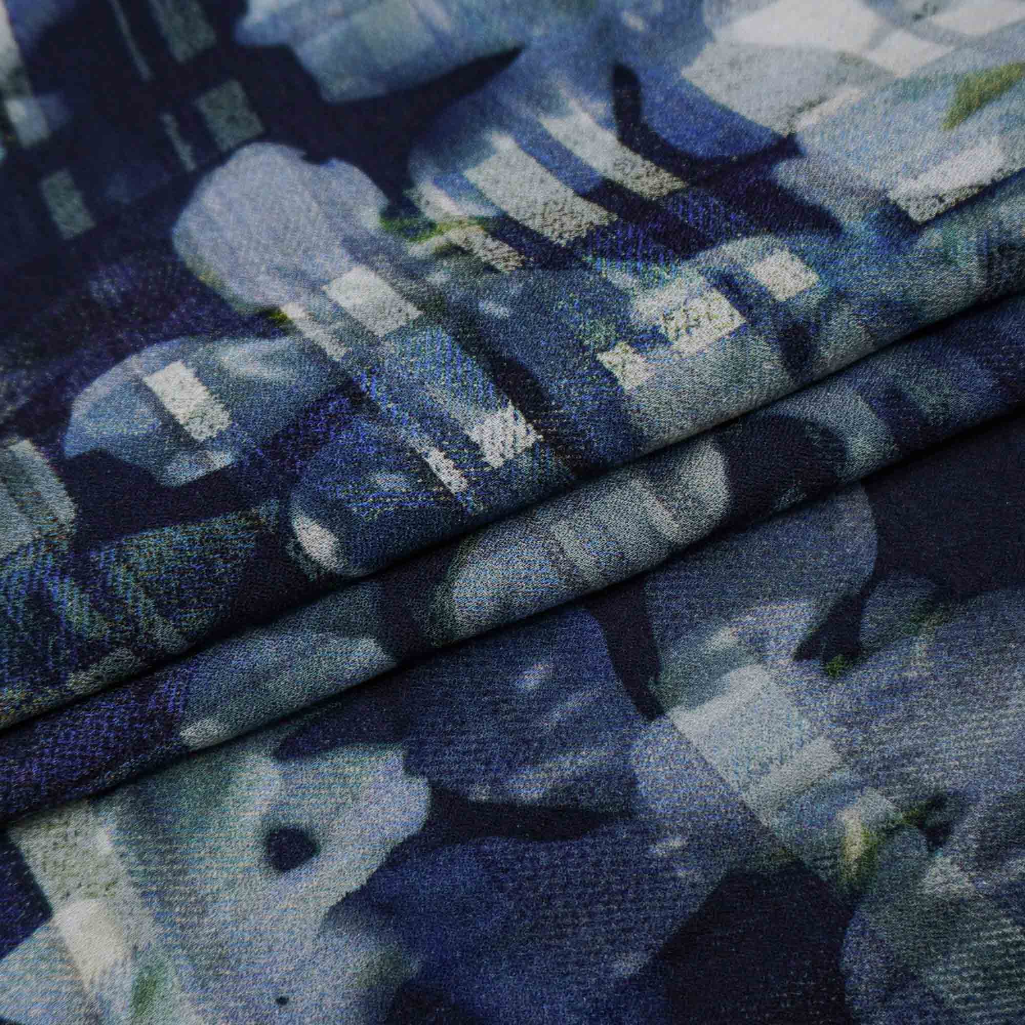 Tecido viscose azul marinho estampado xadrez/floral (tecido italiano legítimo)