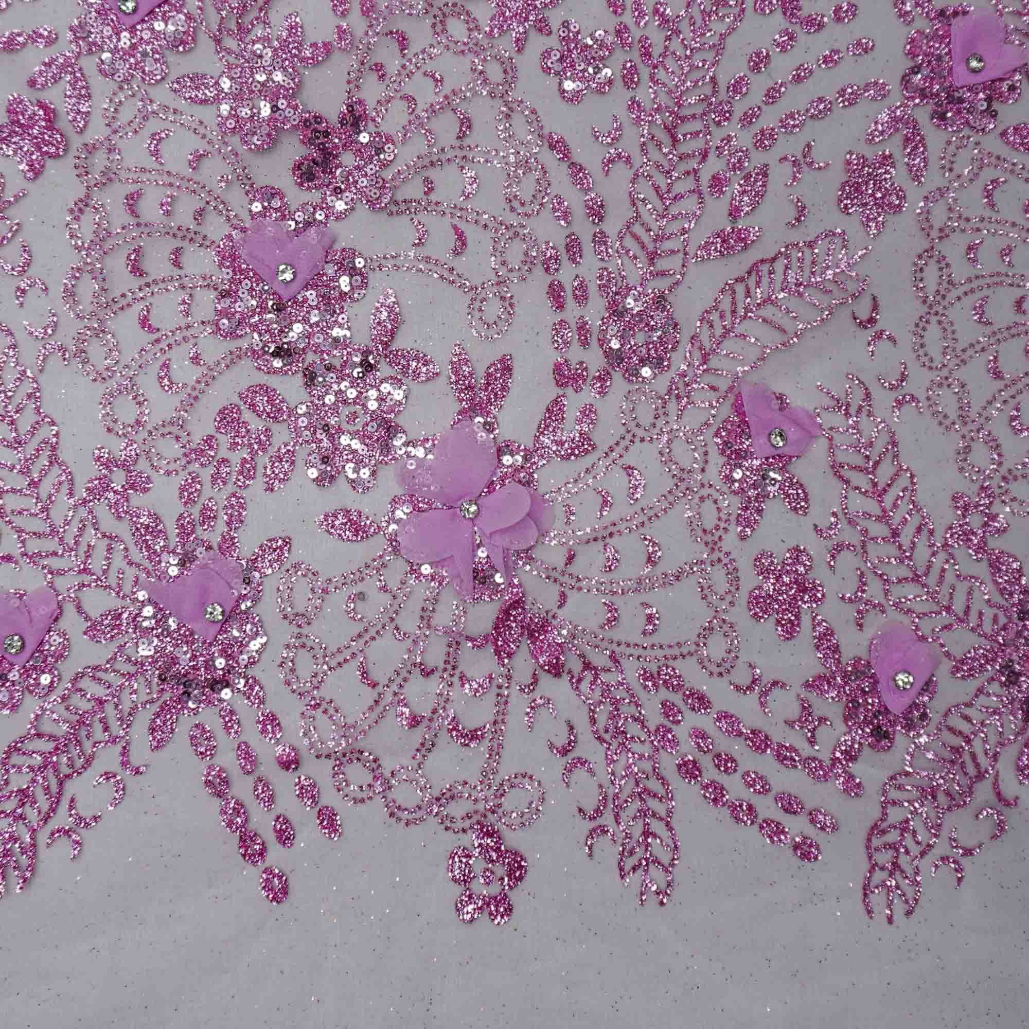 Tecido renda tule com gliter 3d bordado floral rosa bebê