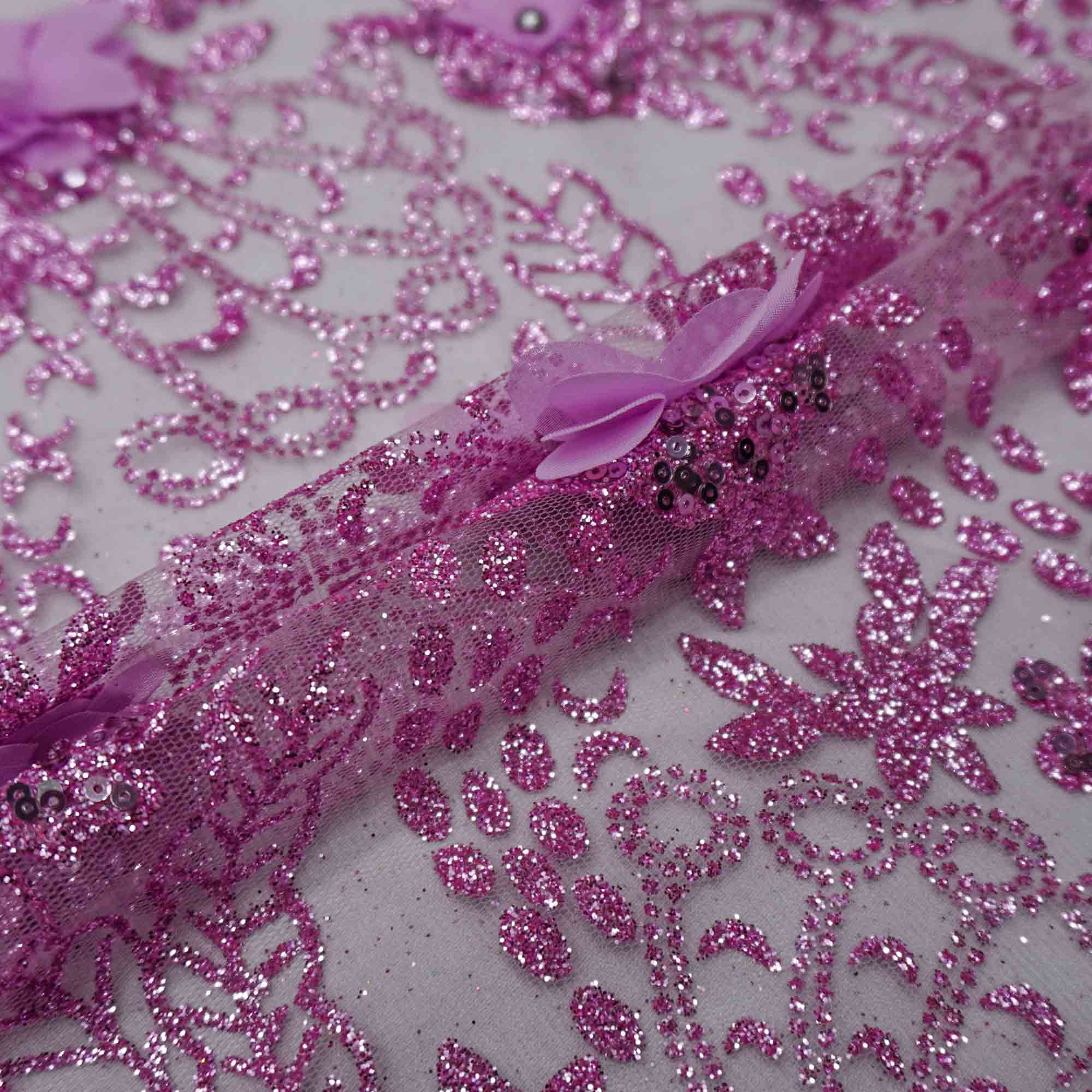 Tecido renda tule com gliter 3d bordado floral rosa bebê