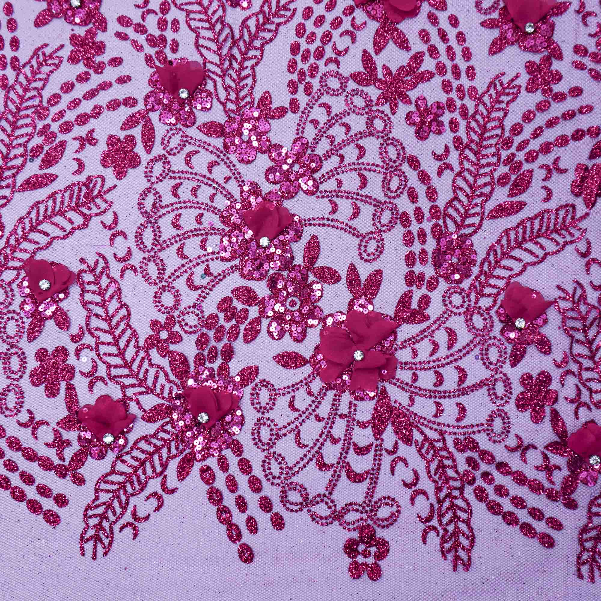 Tecido renda tule com gliter bordado floral fúcsia