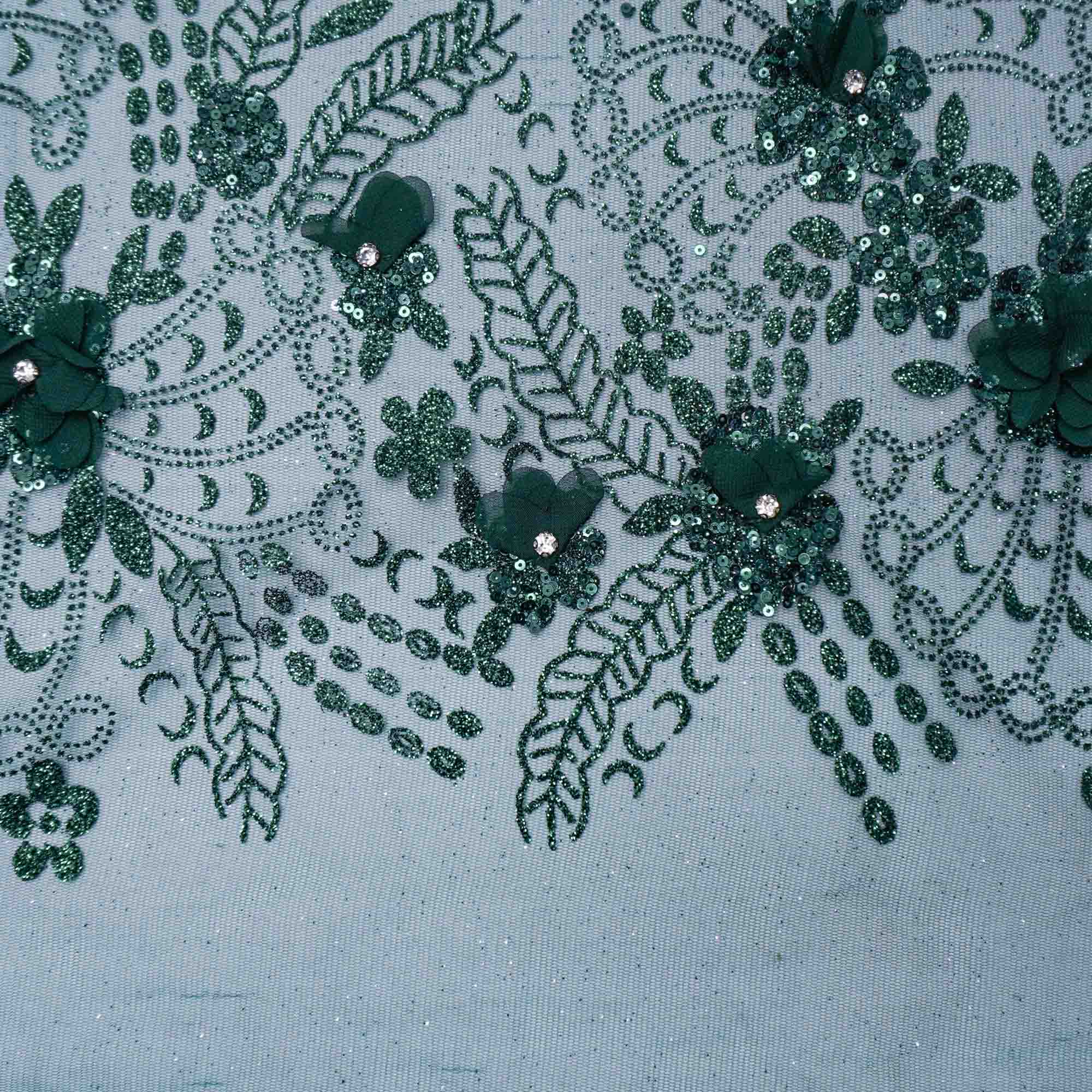 Tecido renda tule com gliter 3d bordado floral verde esmeralda