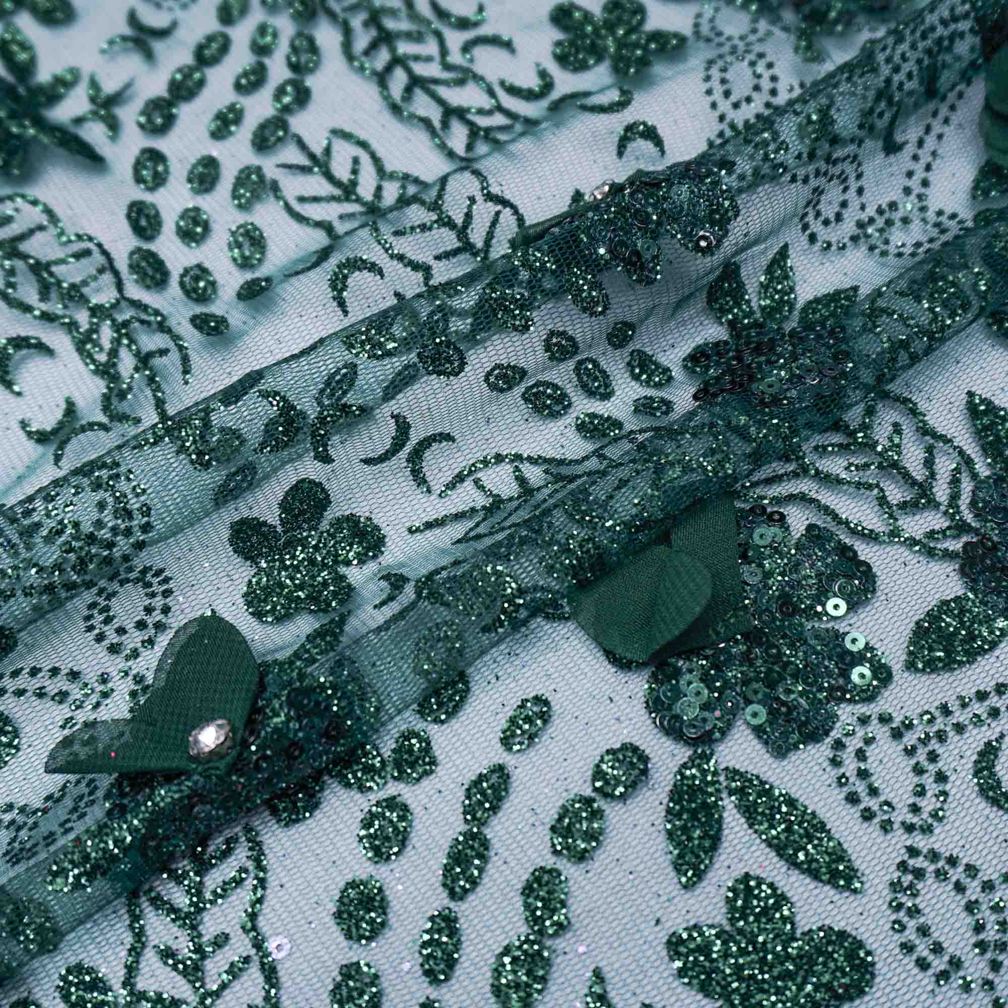 Tecido renda tule com gliter 3d bordado floral verde esmeralda