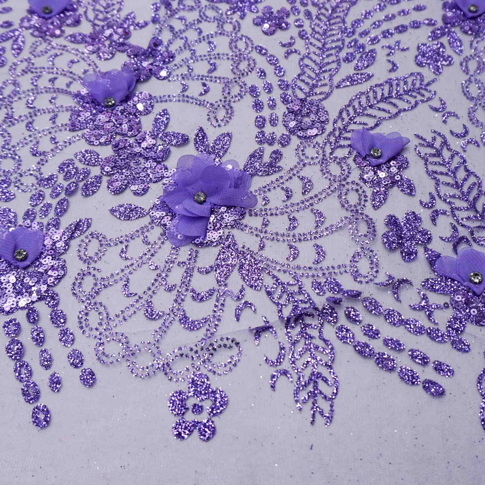 Tecido renda tule com gliter bordado floral lilás