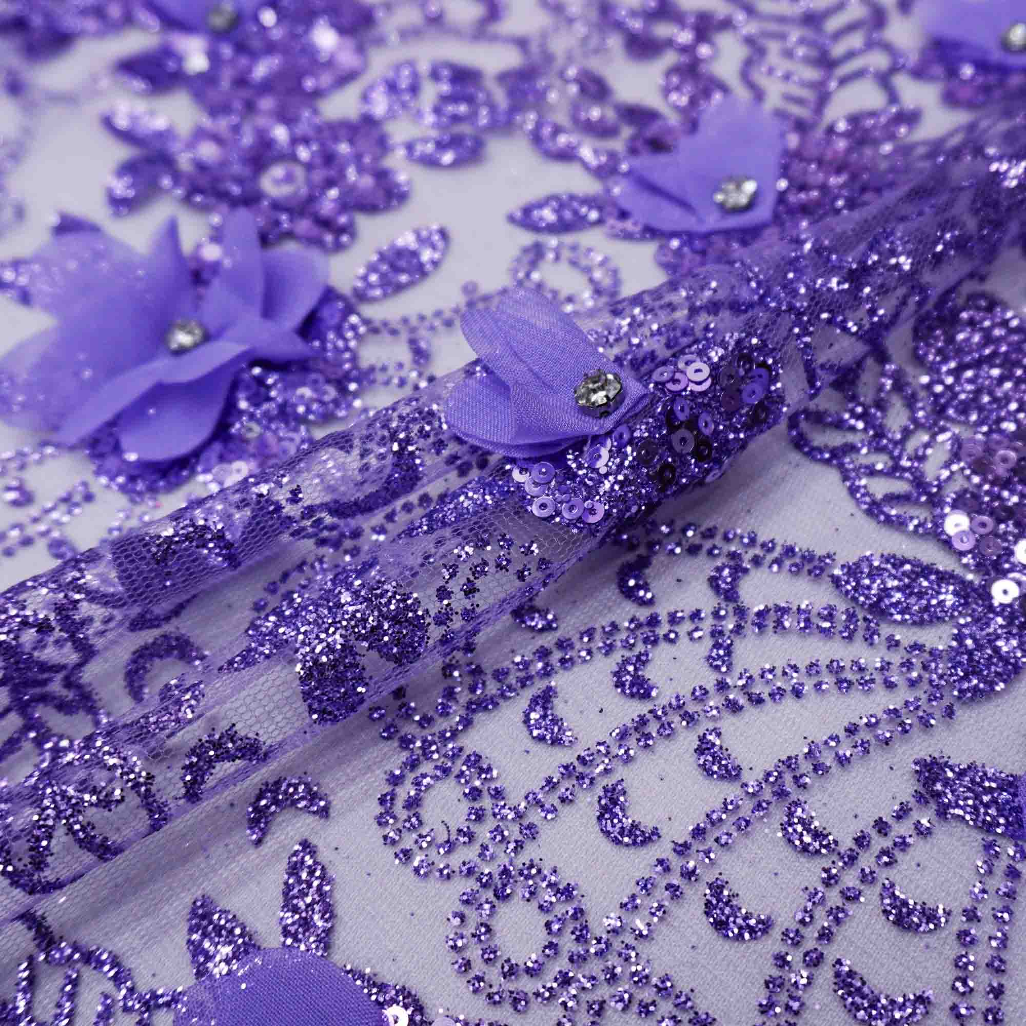 Tecido renda tule com gliter bordado floral lilás