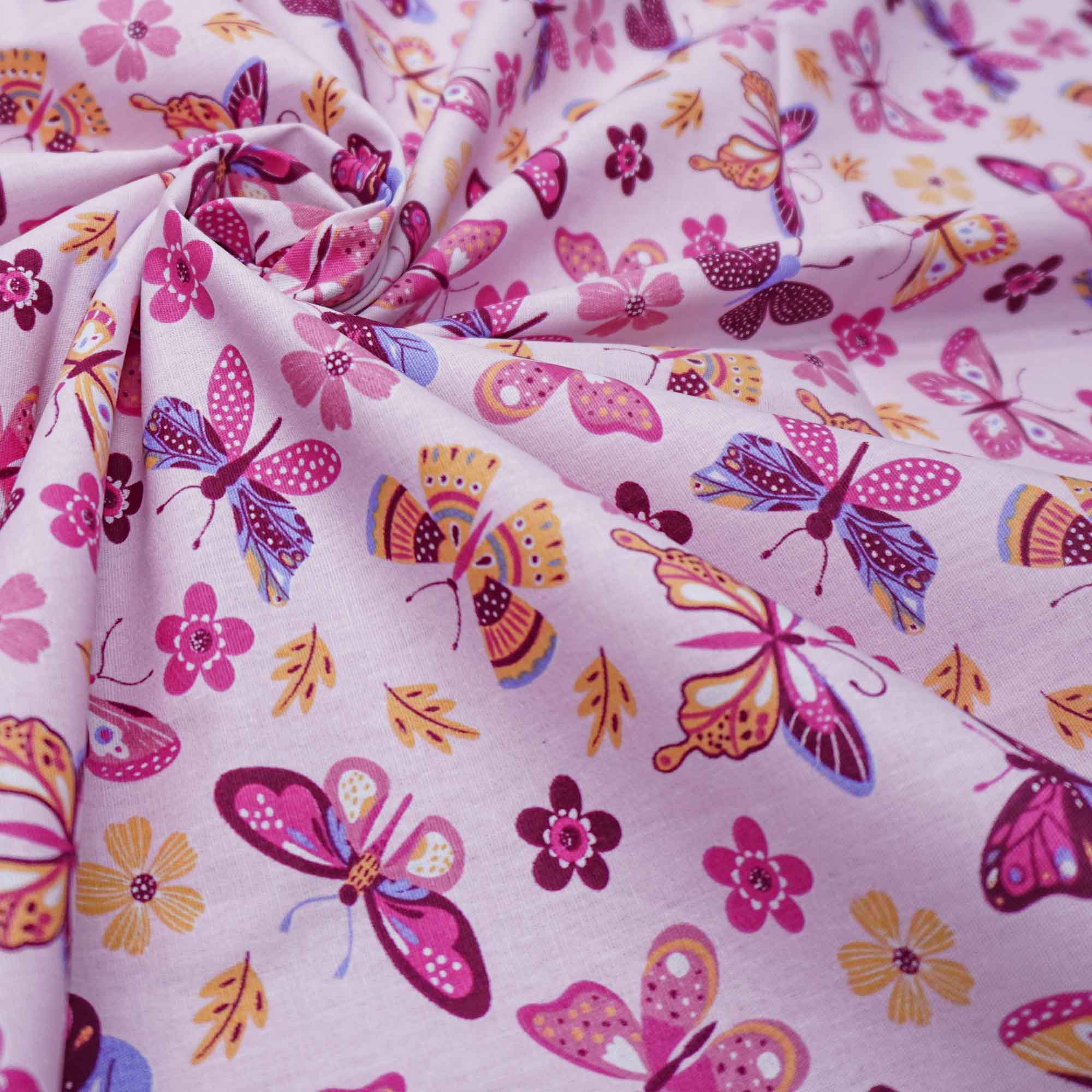 Tecido tricoline estampado borboleta rosa