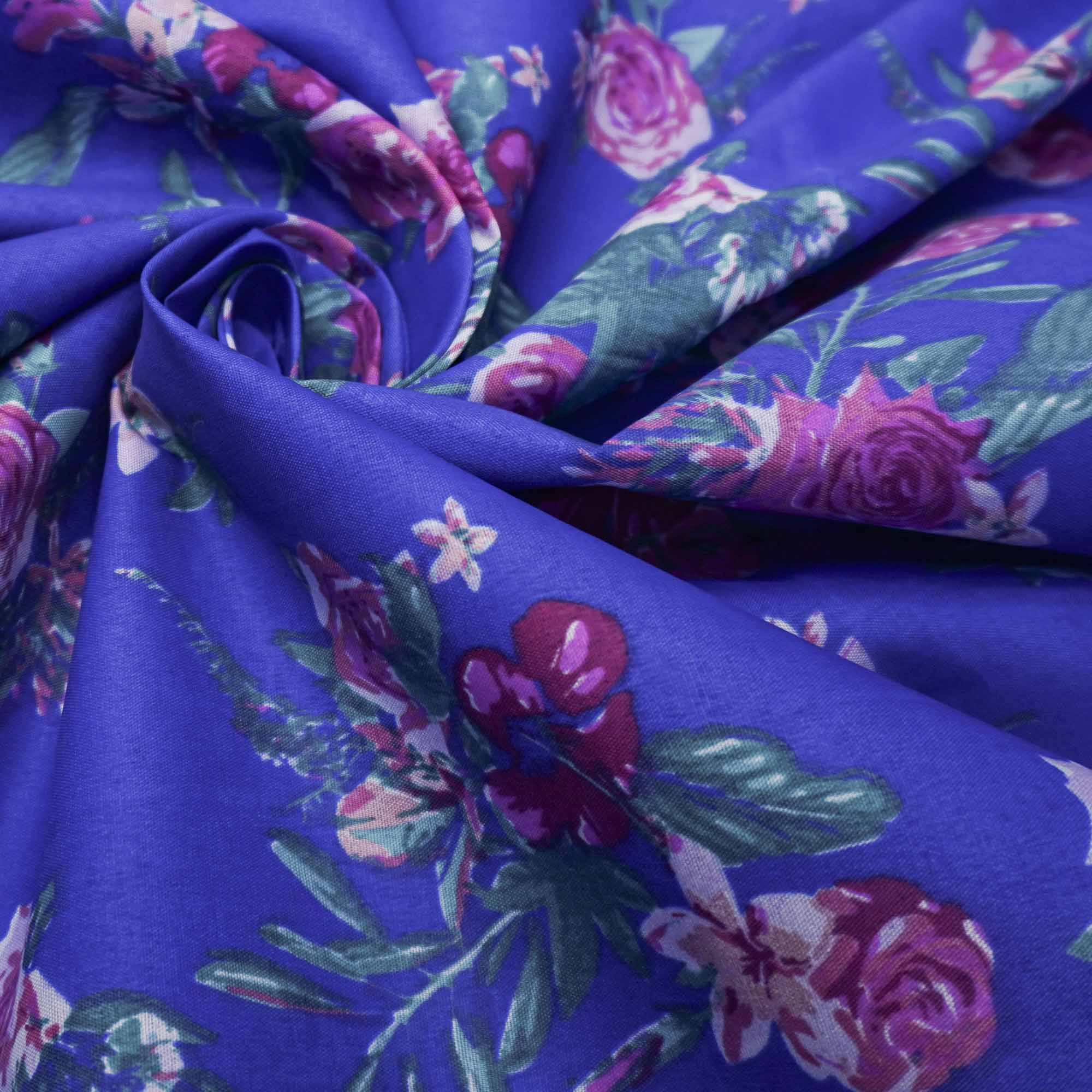 Tecido chita estampado floral azul royal