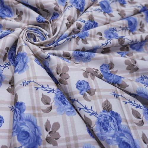 Tecido tricoline estampado xadrez floral azul