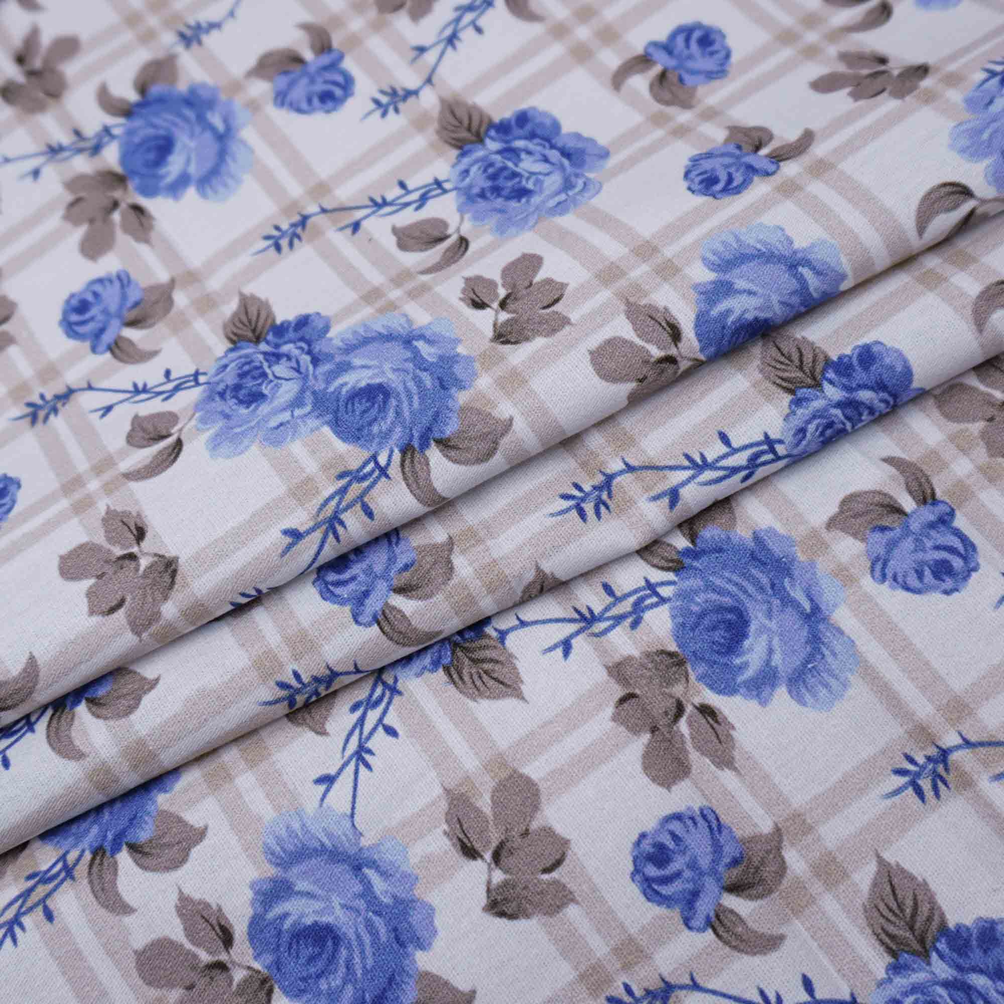 Tecido tricoline estampado xadrez floral azul