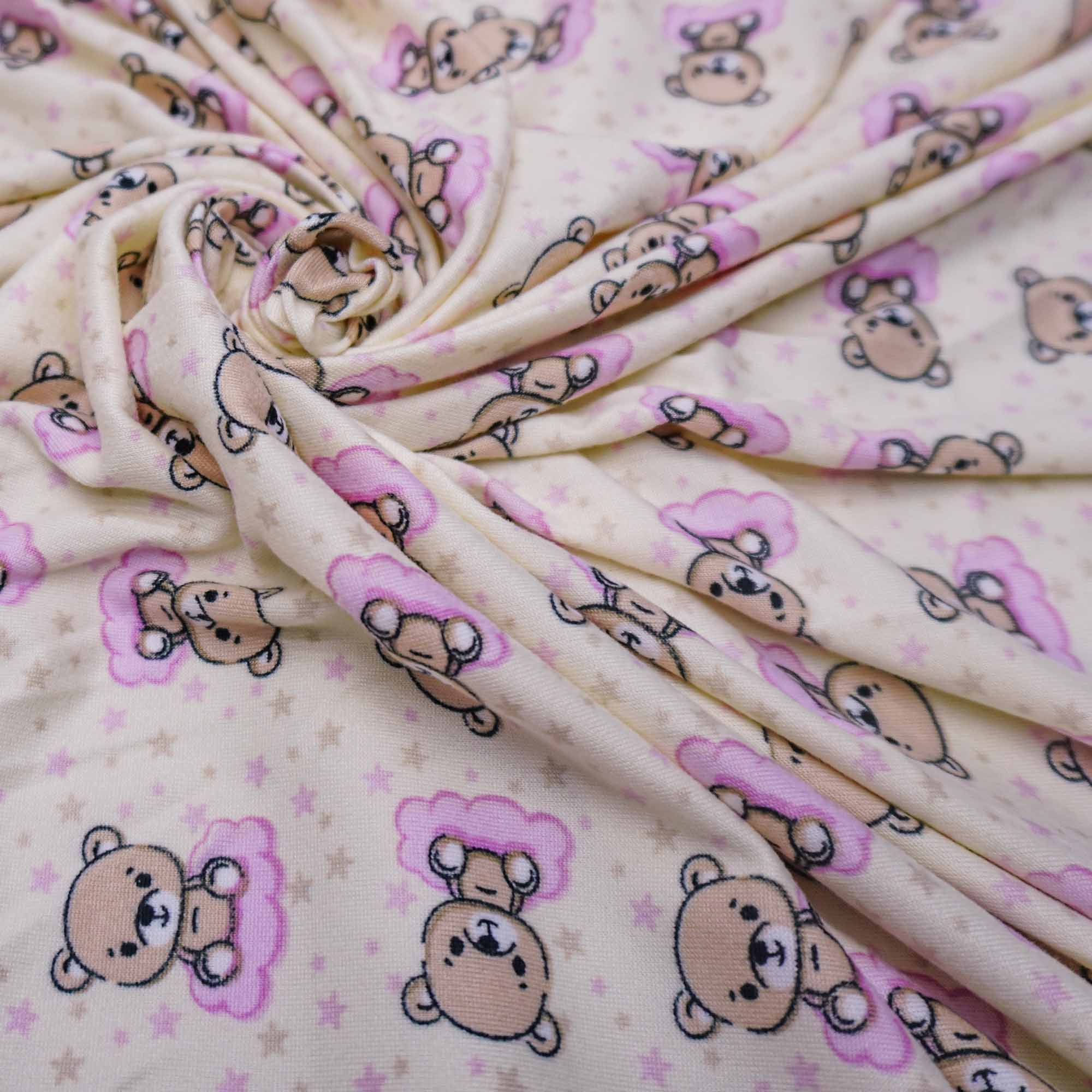 Tecido malha viscolycra suede estampado urso/nuvem rosa