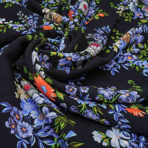 Tecido crepe leve de viscose floral preto/azul (tecido italiano legítimo)