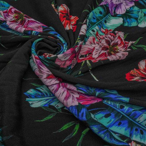 Tecido crepe leve de viscose floral preto/azul (tecido italiano legítimo)