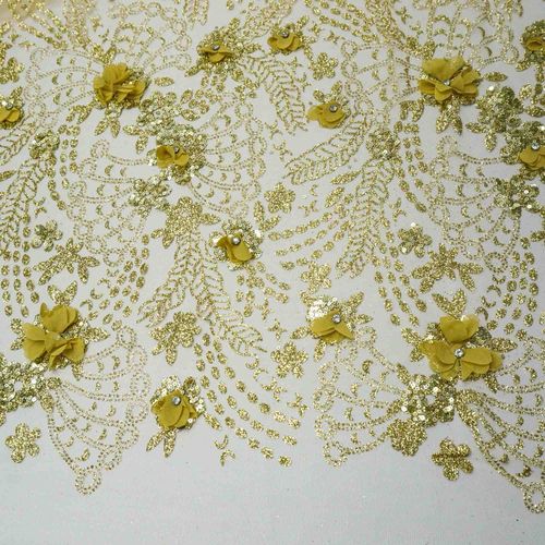 Tecido renda tule com glitter bordado floral dourado