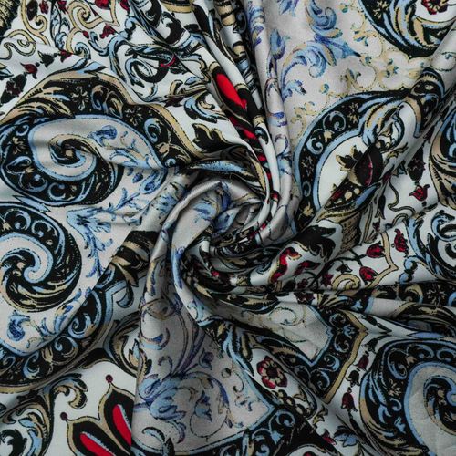 Tecido cetim estampado arabesco assinado Roberto Cavalli