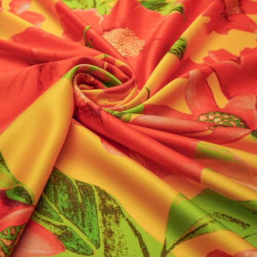 Tecido crepe valentino amarelo estampado floral laranja