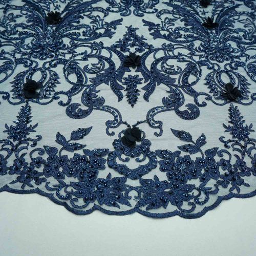 Tecido renda tule bordado pedraria flores 3d azul marinho