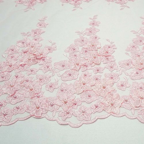 Tecido renda tule bordado pedraria rosa bebê