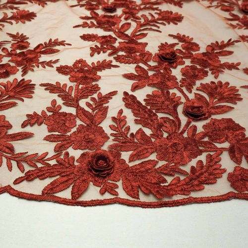 Tecido renda tule bordado floral 3d terracota