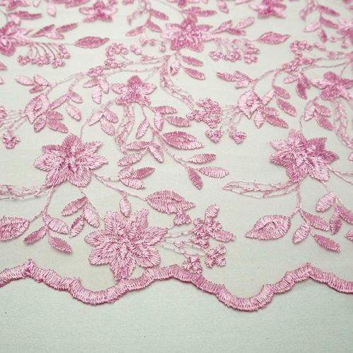 Tecido renda tule bordado floral rosa