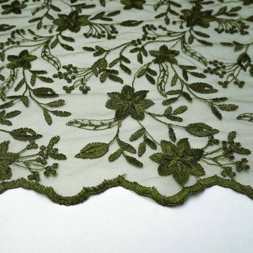 Tecido renda tule bordado floral verde oliva