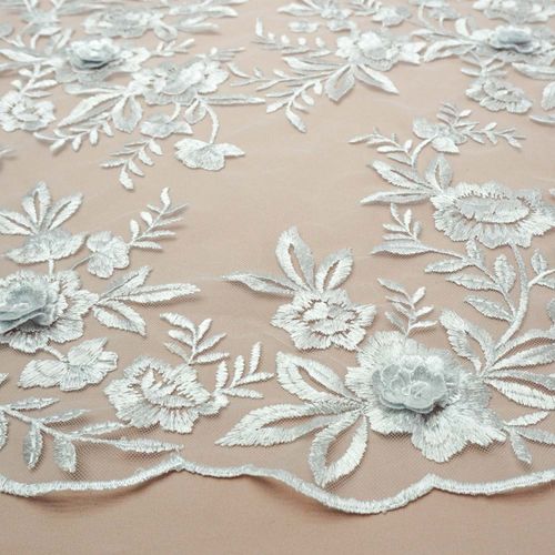 Tecido renda tule bordado floral 3d branco