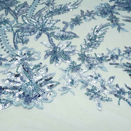 Tecido renda tule bordado azul serenity