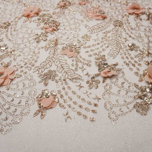 Tecido renda tule com glitter bordado floral nude