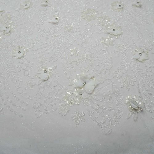 Tecido renda tule com glitter bordado floral branco